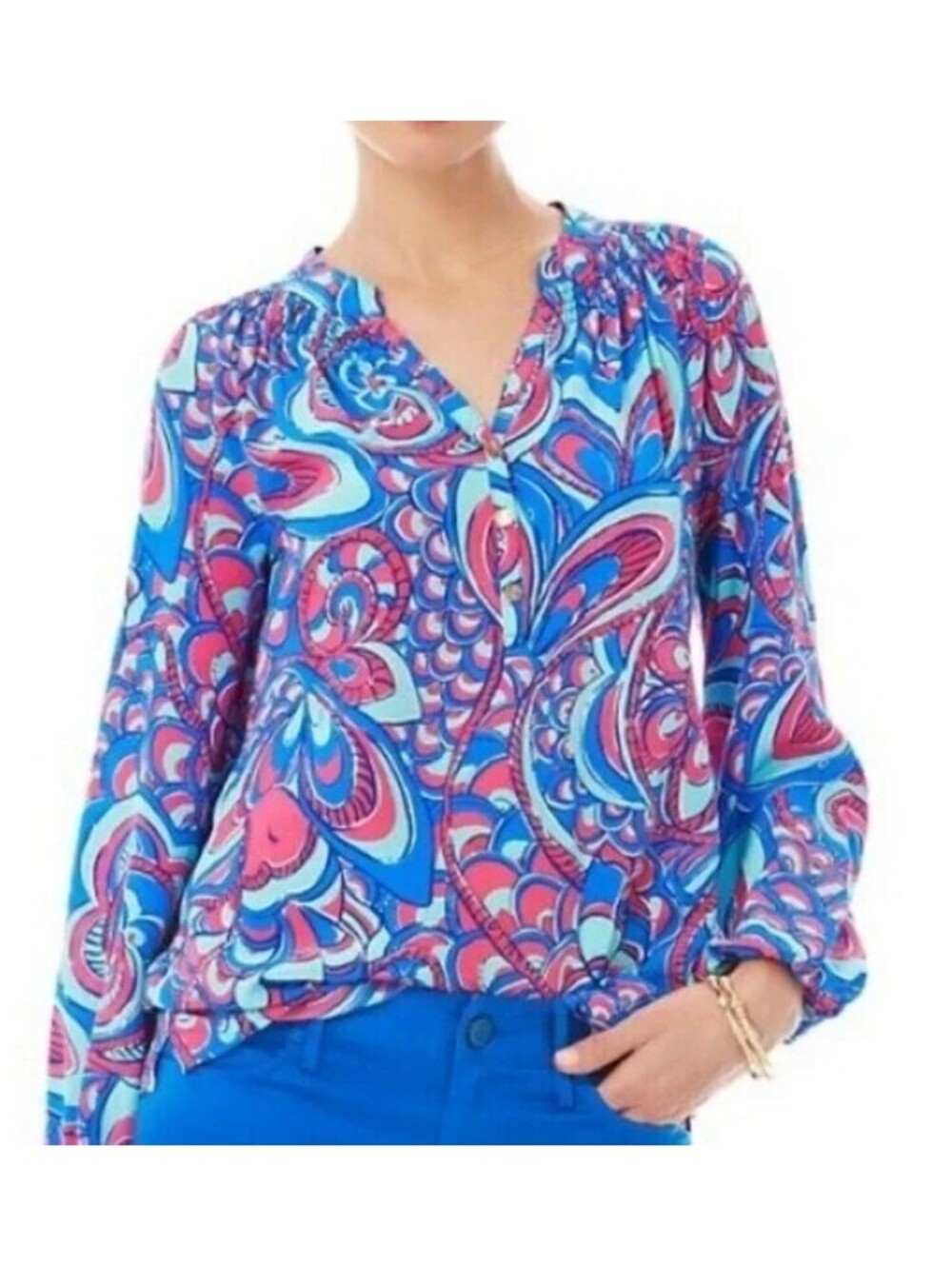 Lilly Pulitzer XS Elsa Top Blouse Reel Me Blue Pink